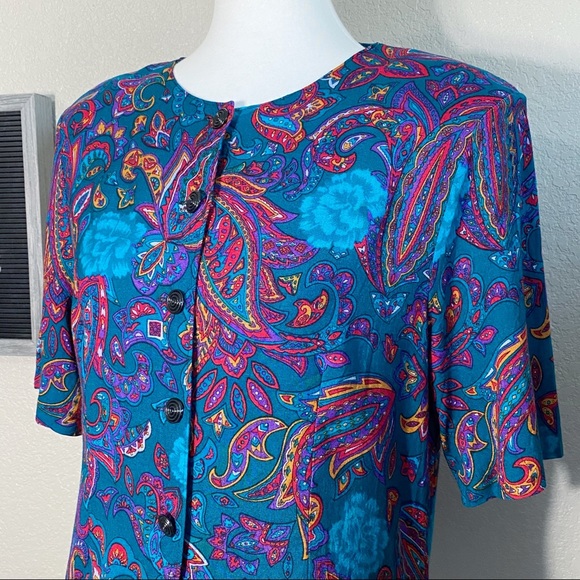 Vintage 80’s Teal Paisley Print Button Front Top L - Picture 2 of 7